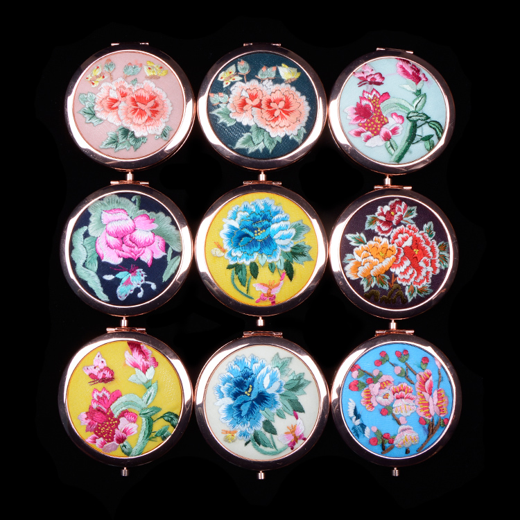 灵宝化妆随身镜精品出国送礼刺绣中国风古风摄影 手绣镜子